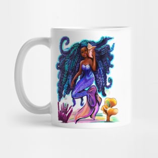 mermaid with flowing braids , sea shell, coral 2 , brown eyes curly Afro hair and caramel brown skin Mug